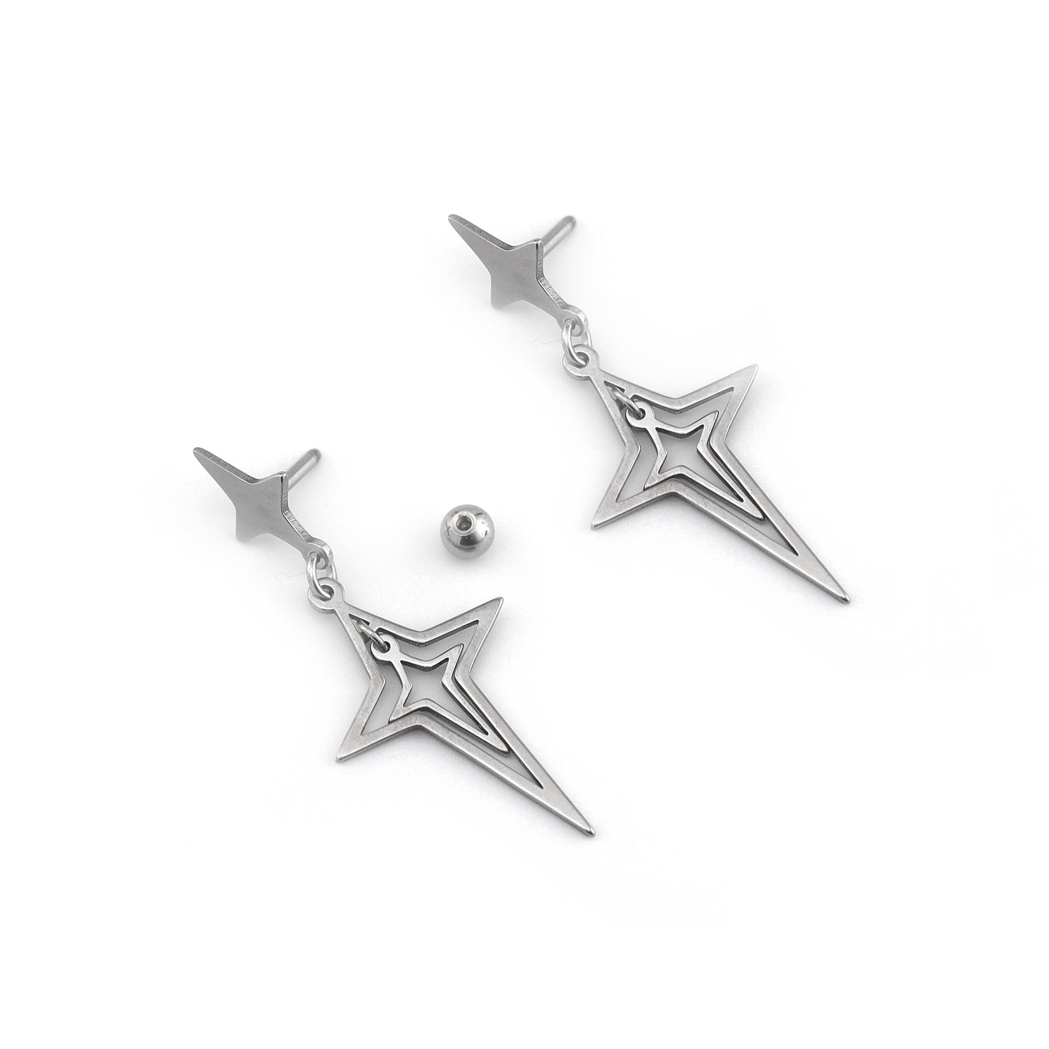 Double Layer Openwork Four-Point Star Dangle Stainless Steel Ear Studs