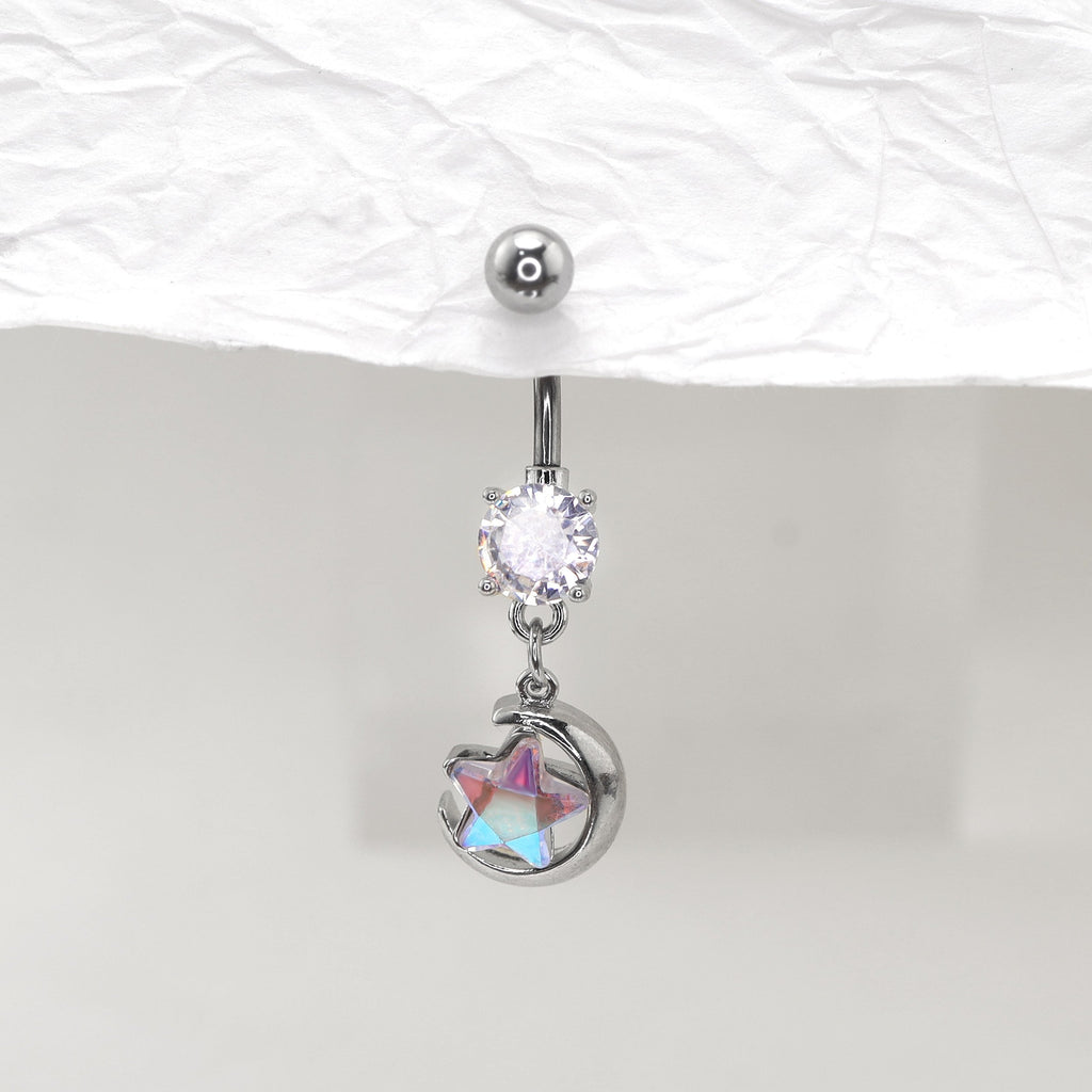 Star-Moon CZ Dangle Belly Ring