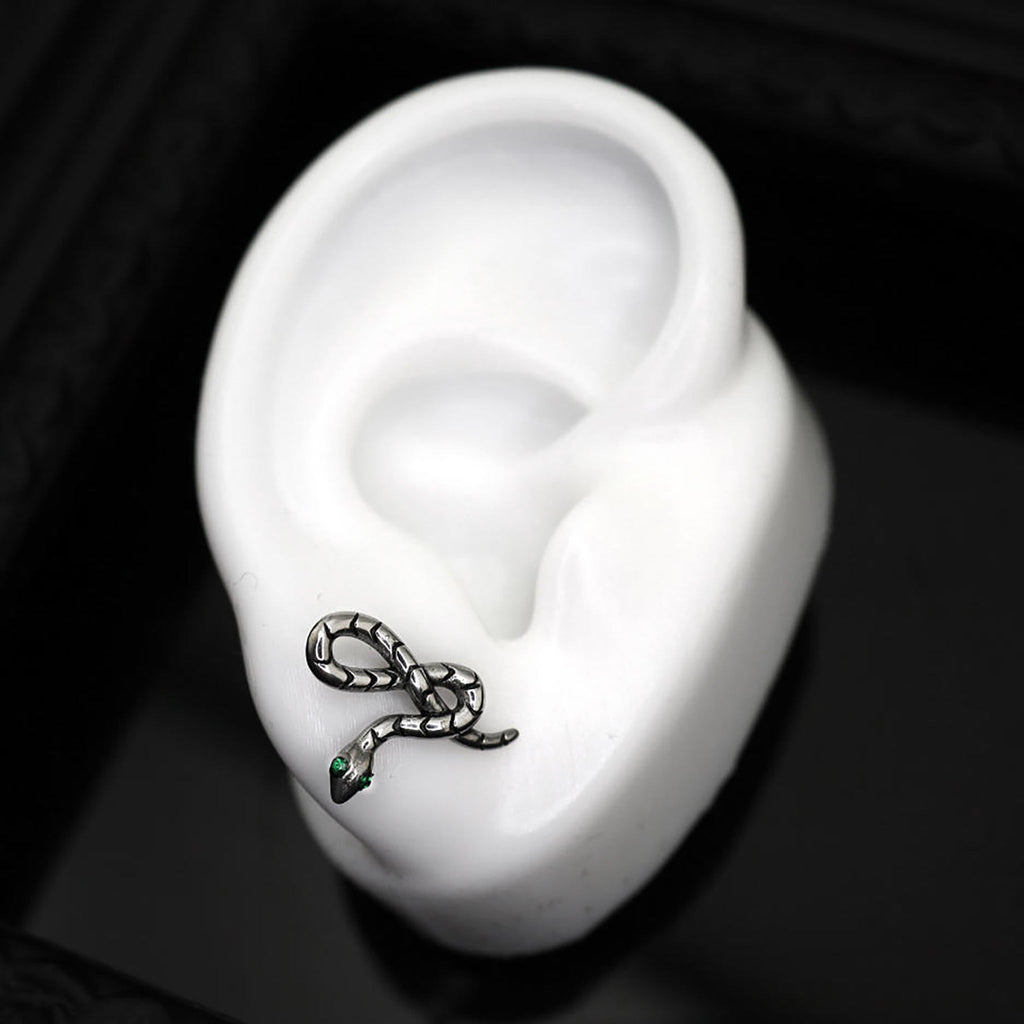3D Green Eye Coiled Snake CZ Stainless Steel Ear Studs