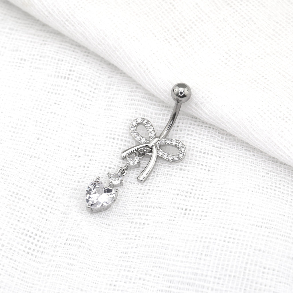 Heart-shaped CZ bow tie Dangle Belly Ring