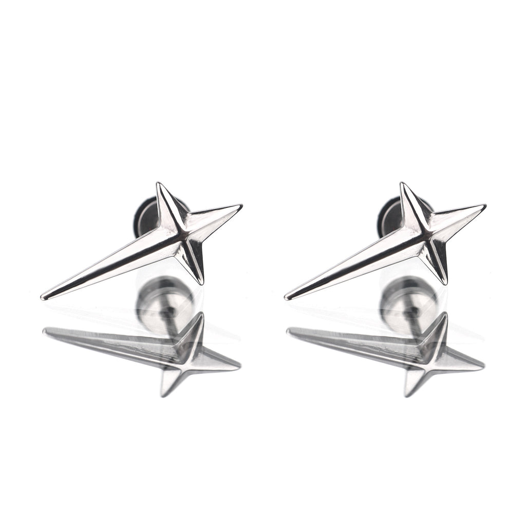 Large Black & White 3D Four-Point Star Externally Threaded Stainless Steel Ear Studs