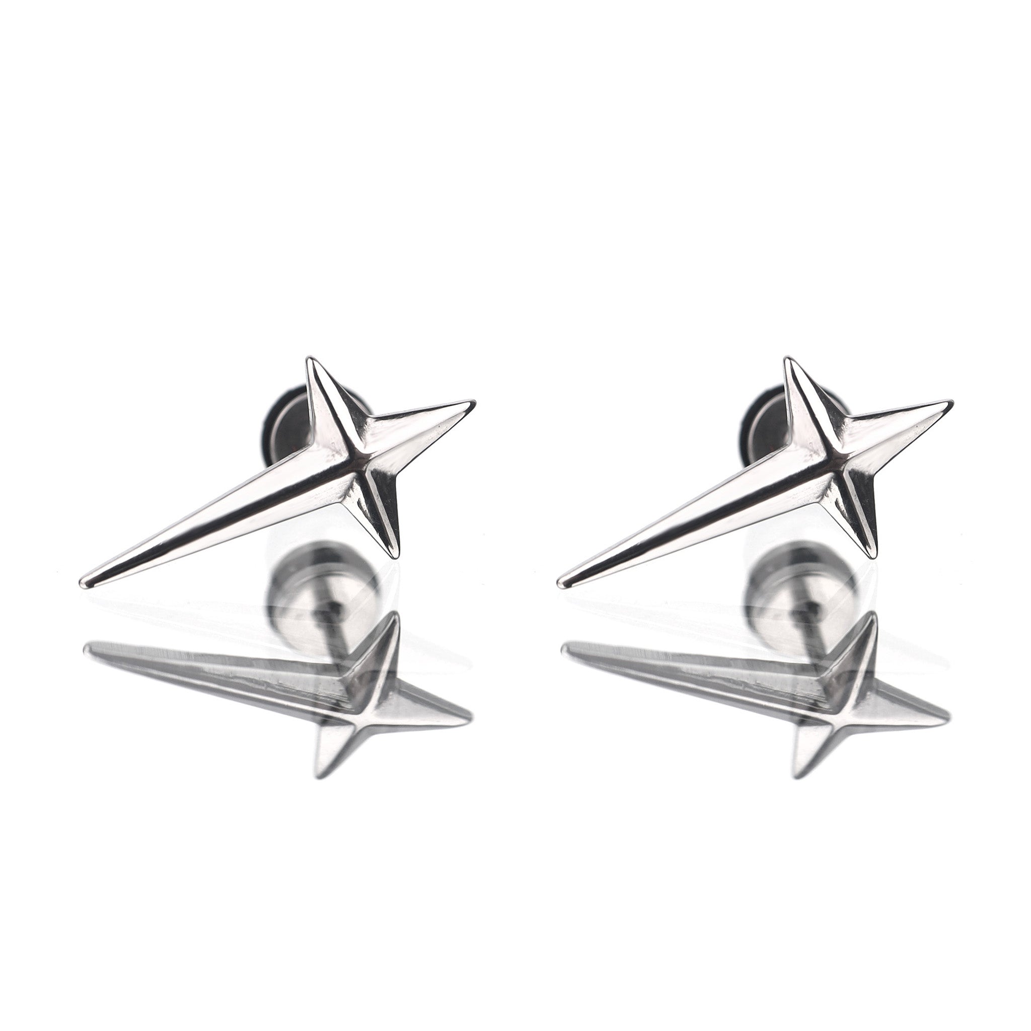 Large Black & White 3D Four-Point Star Externally Threaded Stainless Steel Ear Studs