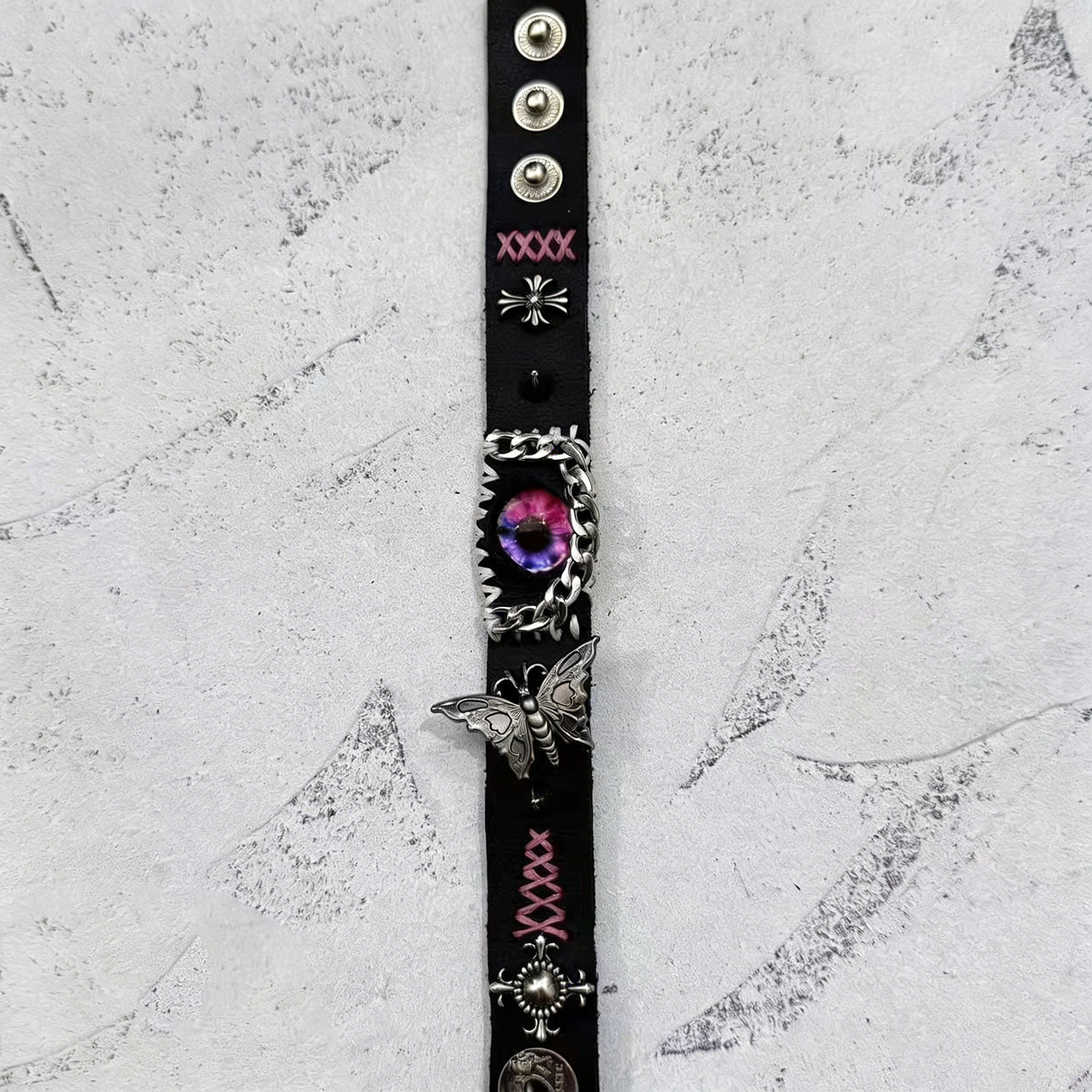 Gothic Black Leather Bracelet with Pink Stitching - Pink Dragon Eye & Silver Moth Cuff - Cross Charm - Pastel Goth Aesthetic