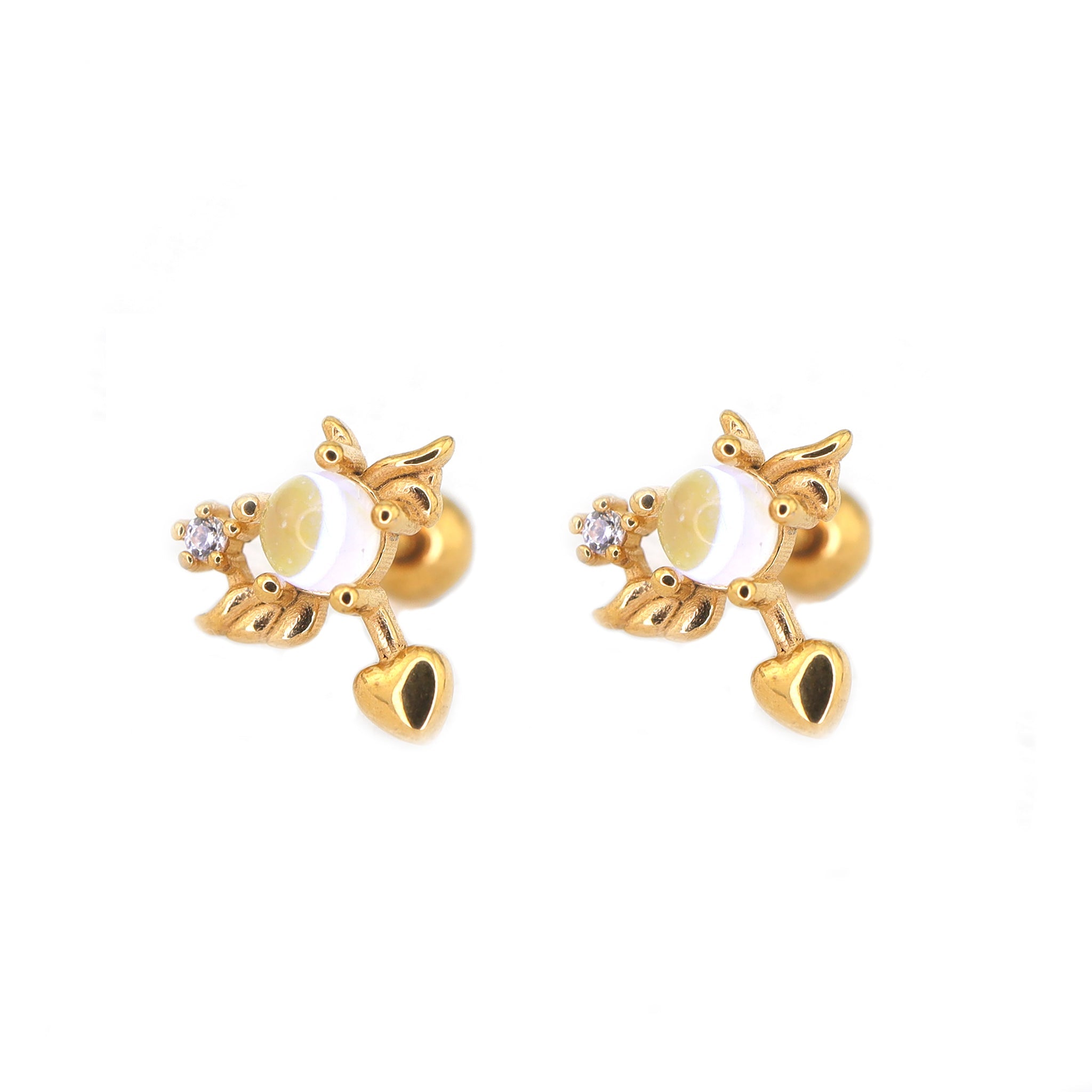 Heart Opal Wing stainless steel Ear Stud