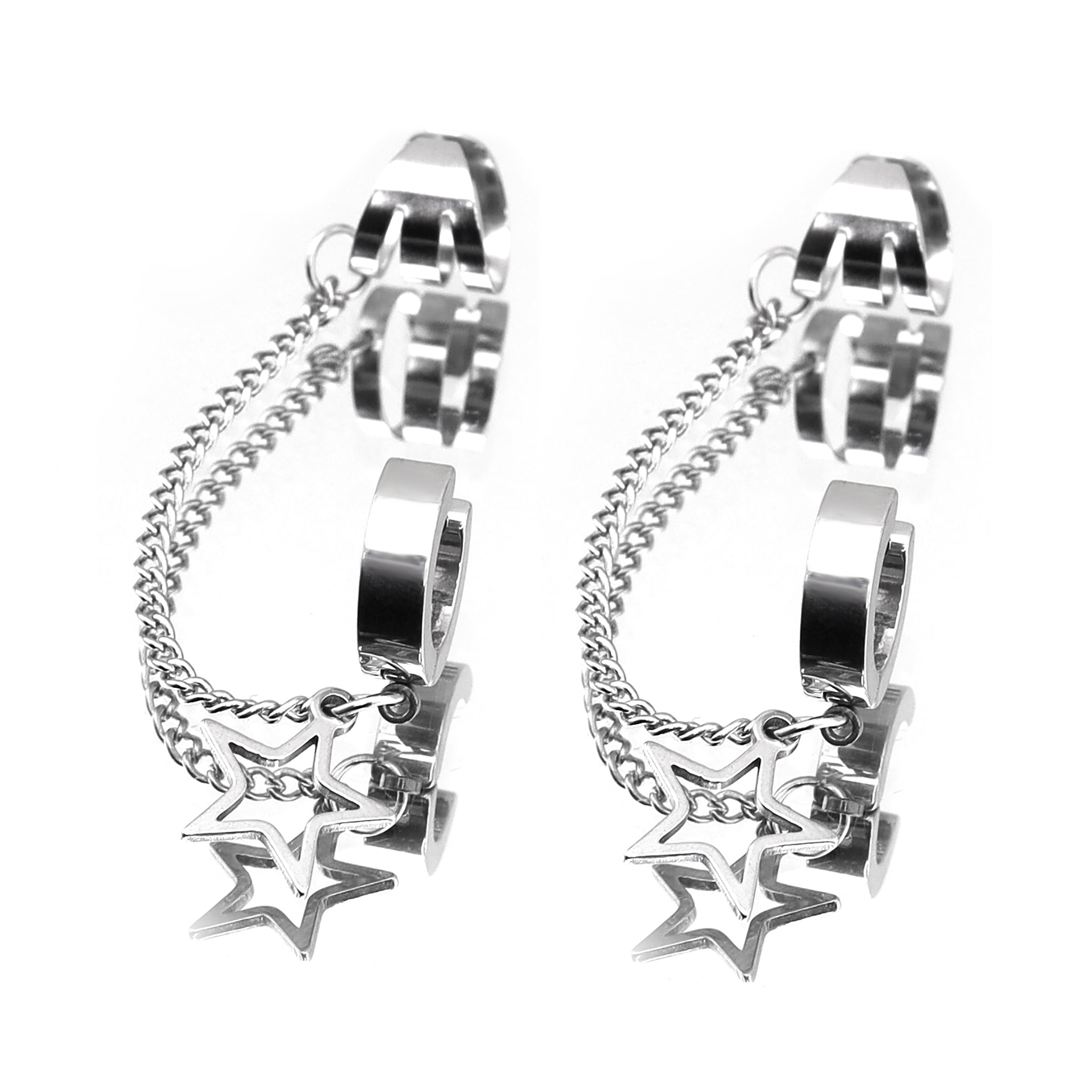 Black & White Chain Pentagram Stainless Steel Ear Clips