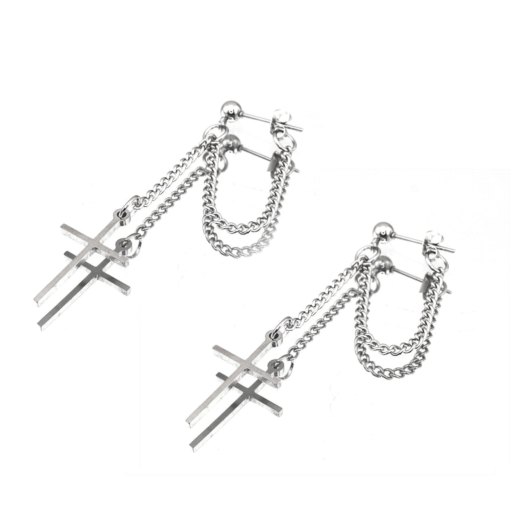 Silver & Black Cross Drop Chain tainless steel Ear Studs
