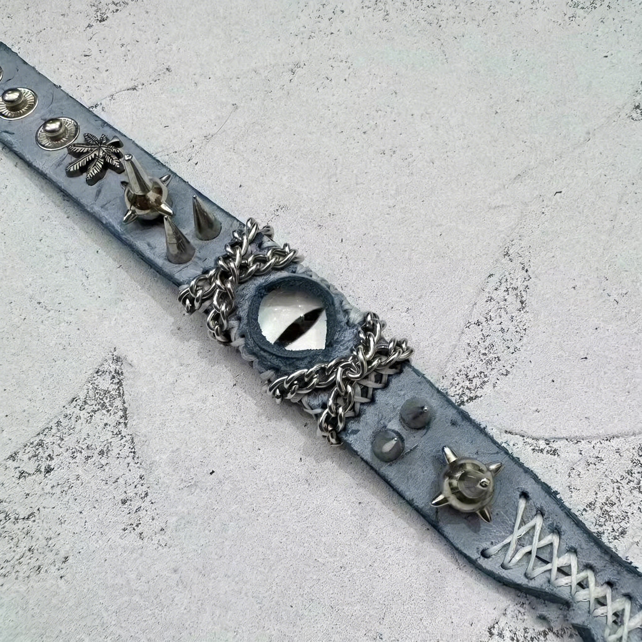Gothic Acid Wash Blue Leather Bracelet - White Dragon Eye Spiked Cuff - Grunge Silver Chain Wristband - Winter Punk Aesthetic