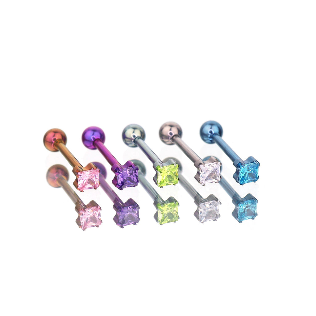 14G Square CZ Internally Threaded Titanium Tongue Stud