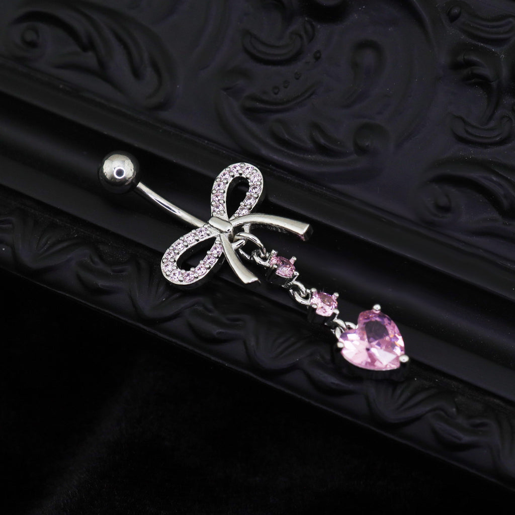 Heart-shaped CZ bow tie Dangle Belly Ring