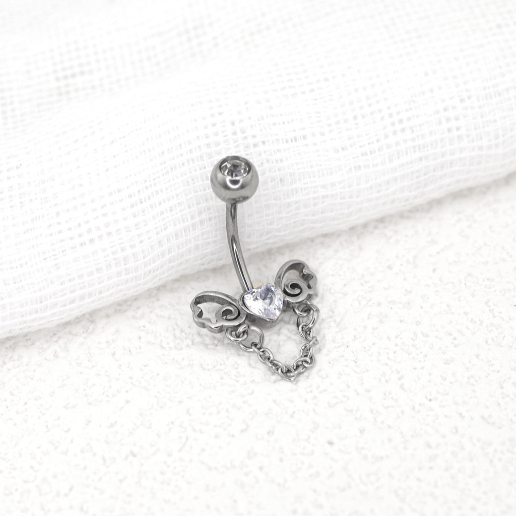 Heart-shaped CZ bow tie Dangle Belly Ring