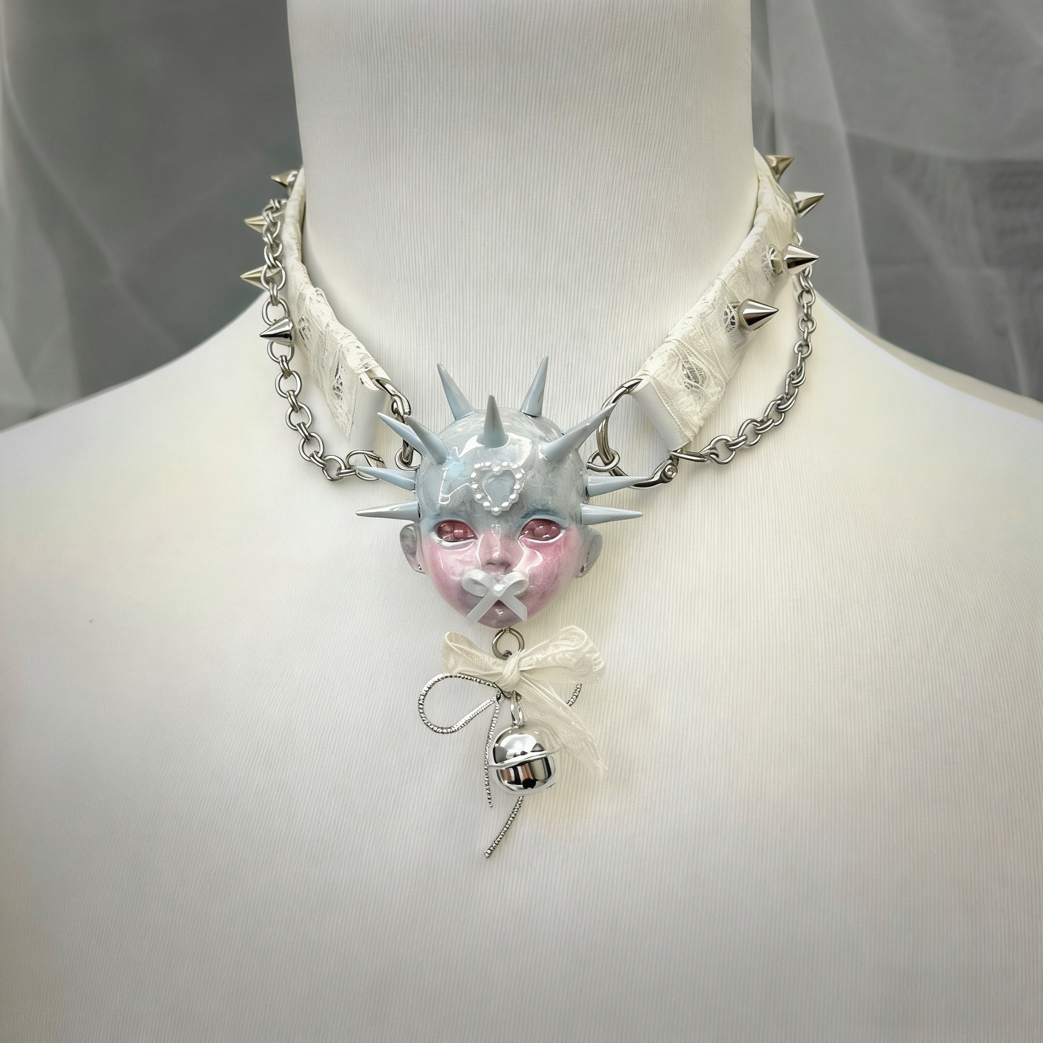 Pastel Goth Ice Blue Spiked Doll Face Choker with White Lace & Ribbon Pacifier