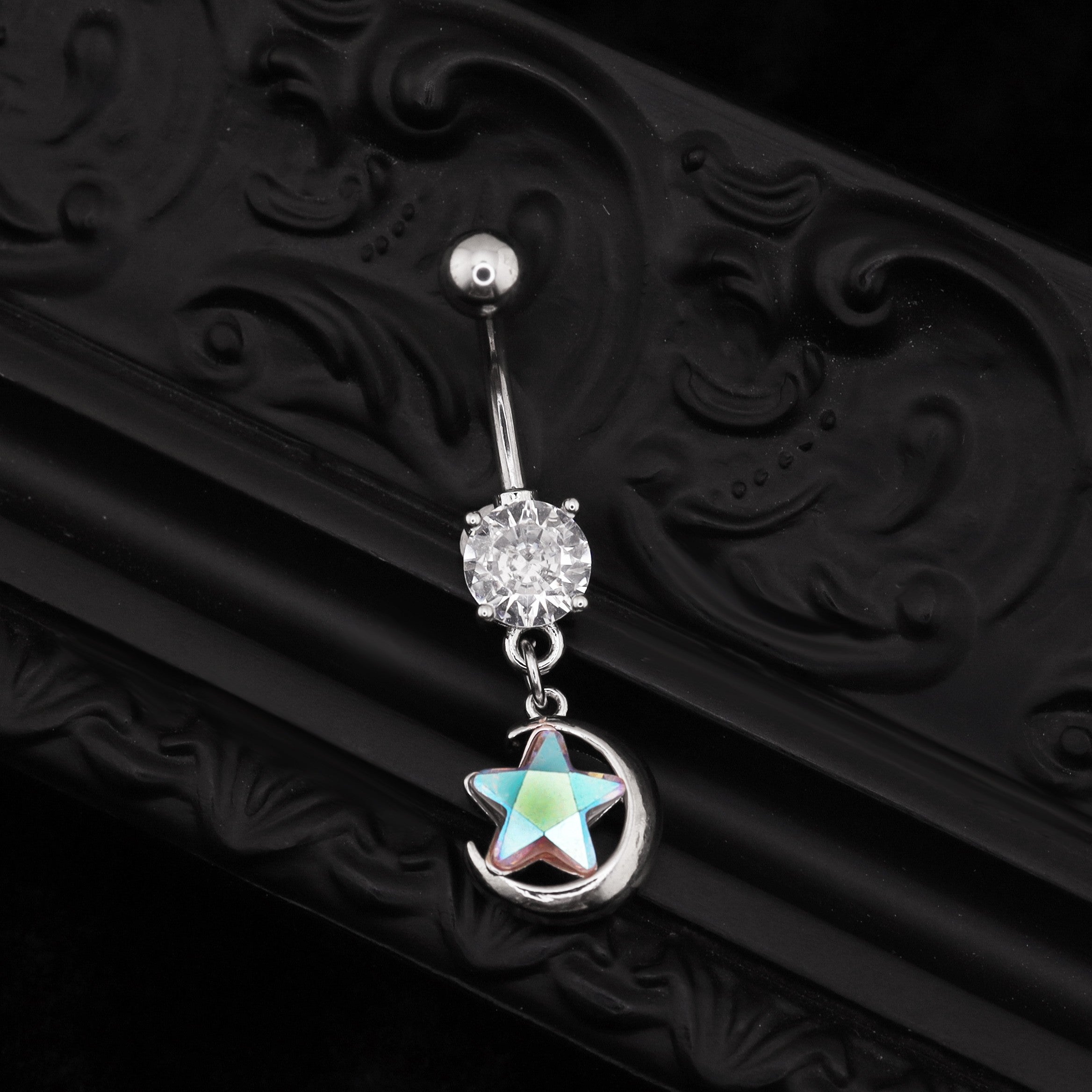 Star-Moon CZ Dangle Belly Ring