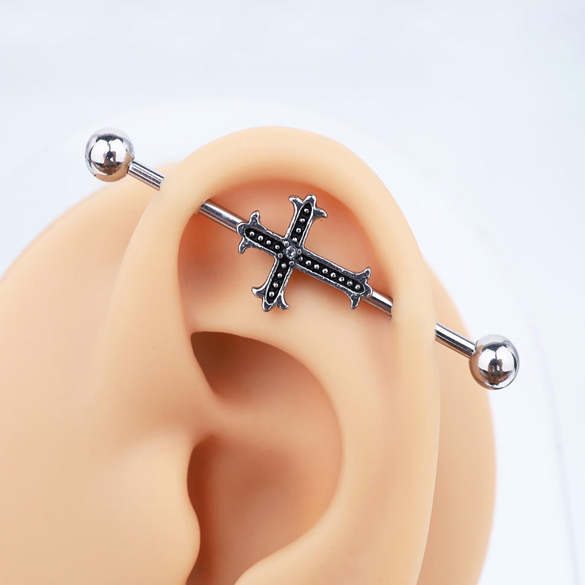 Crystal Cross Stainless Steel Industrial Barbell