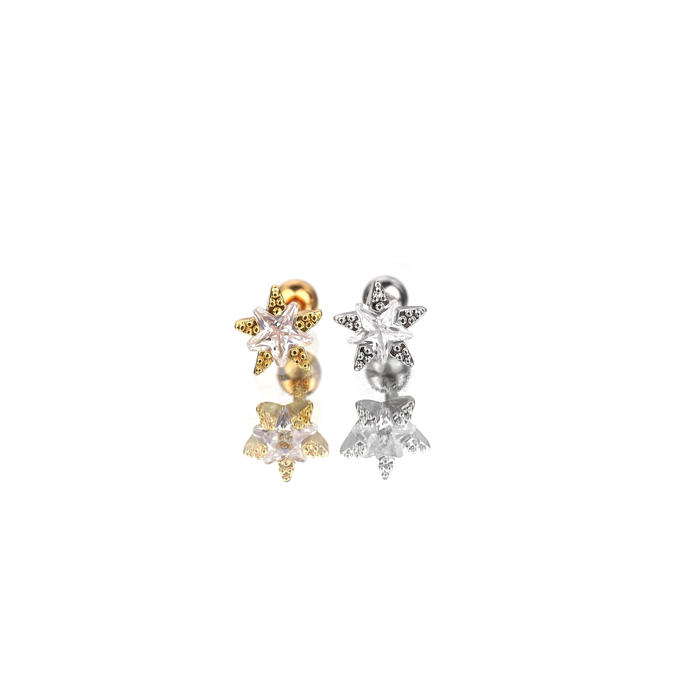 Gold & Silver Plated Double Layer CZ Pentagram Ear Studs