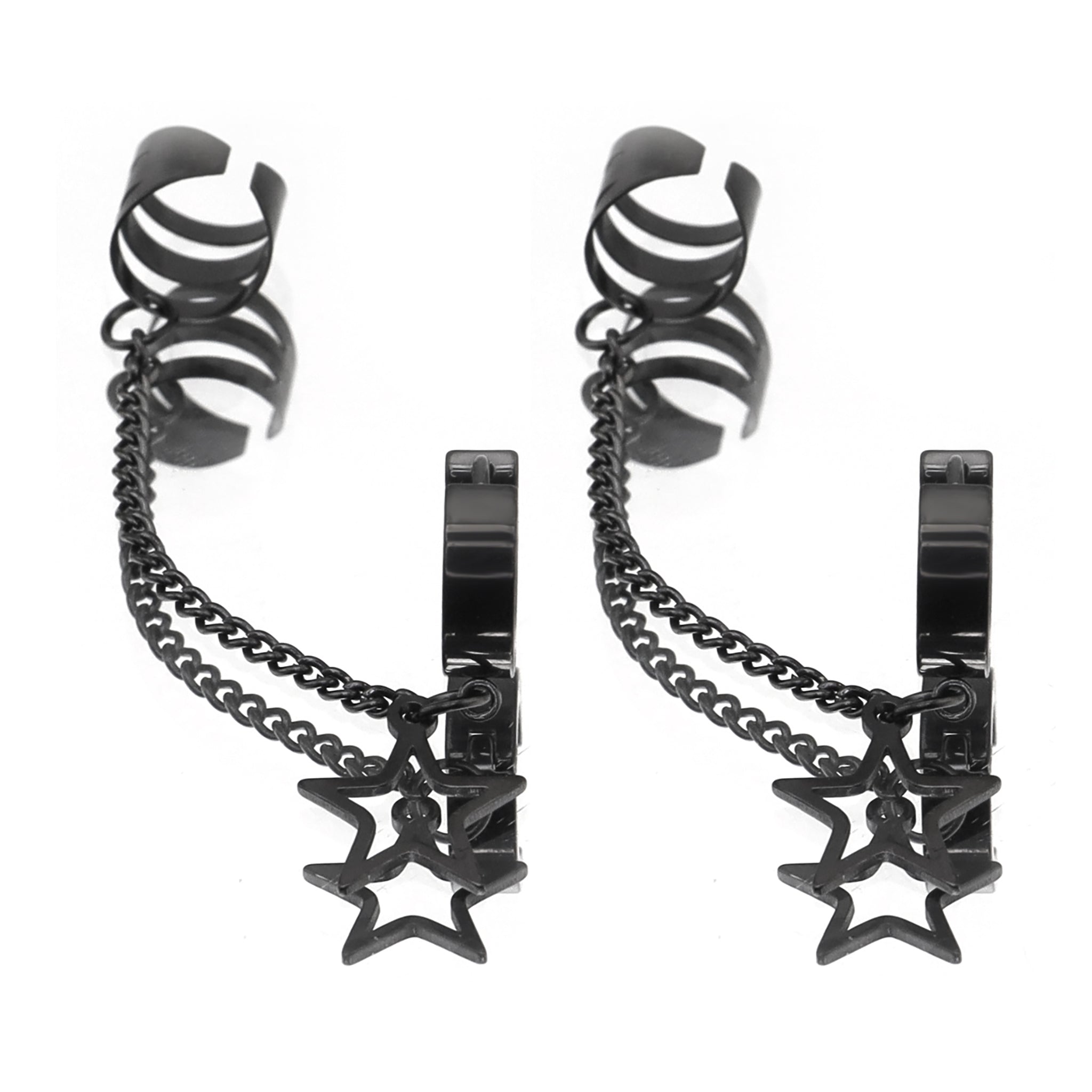Black & White Chain Pentagram Stainless Steel Ear Clips