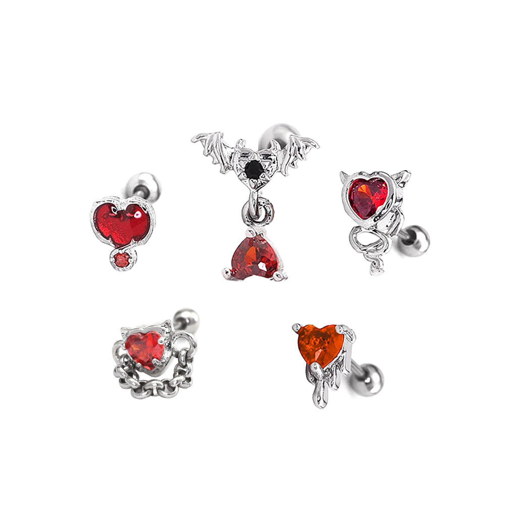 5PCS Red CZ Demon Stainless Steel Ear Studs SET