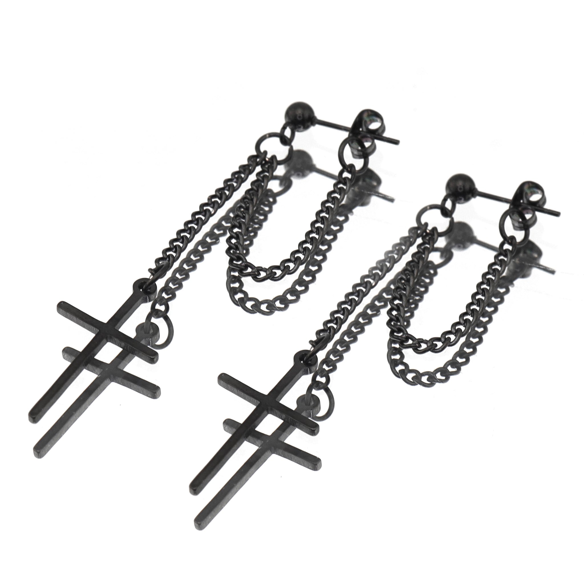 Silver & Black Cross Drop Chain tainless steel Ear Studs
