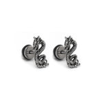 PAIR OF Engraved Dragon Silver & Black Externally Threaded Stainless Steel Ear Studs