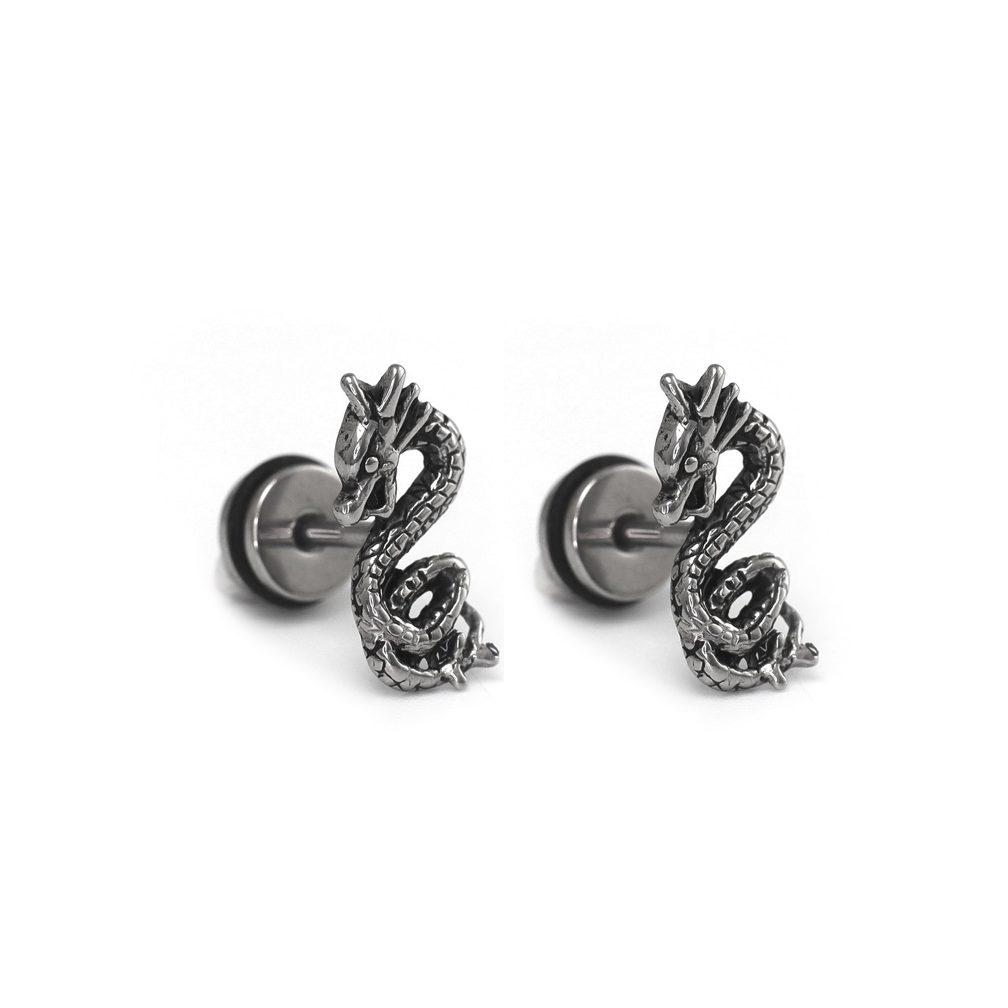 PAIR OF Engraved Dragon Silver & Black Externally Threaded Stainless Steel Ear Studs