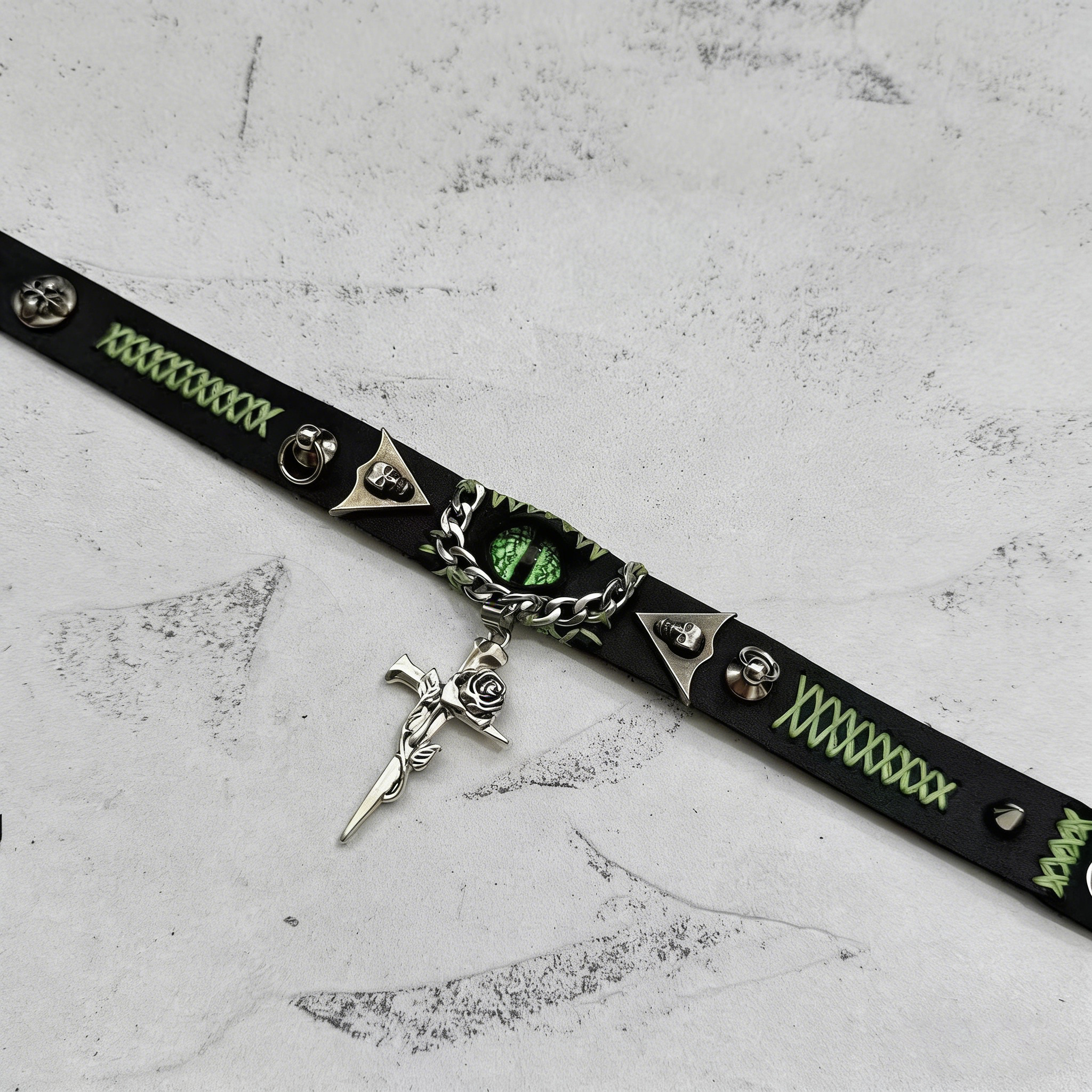 2-in-1 Gothic Black Leather Choker & Wrap Bracelet - Green Dragon Eye Necklace - Gun & Rose Charm - Toxic Punk Style