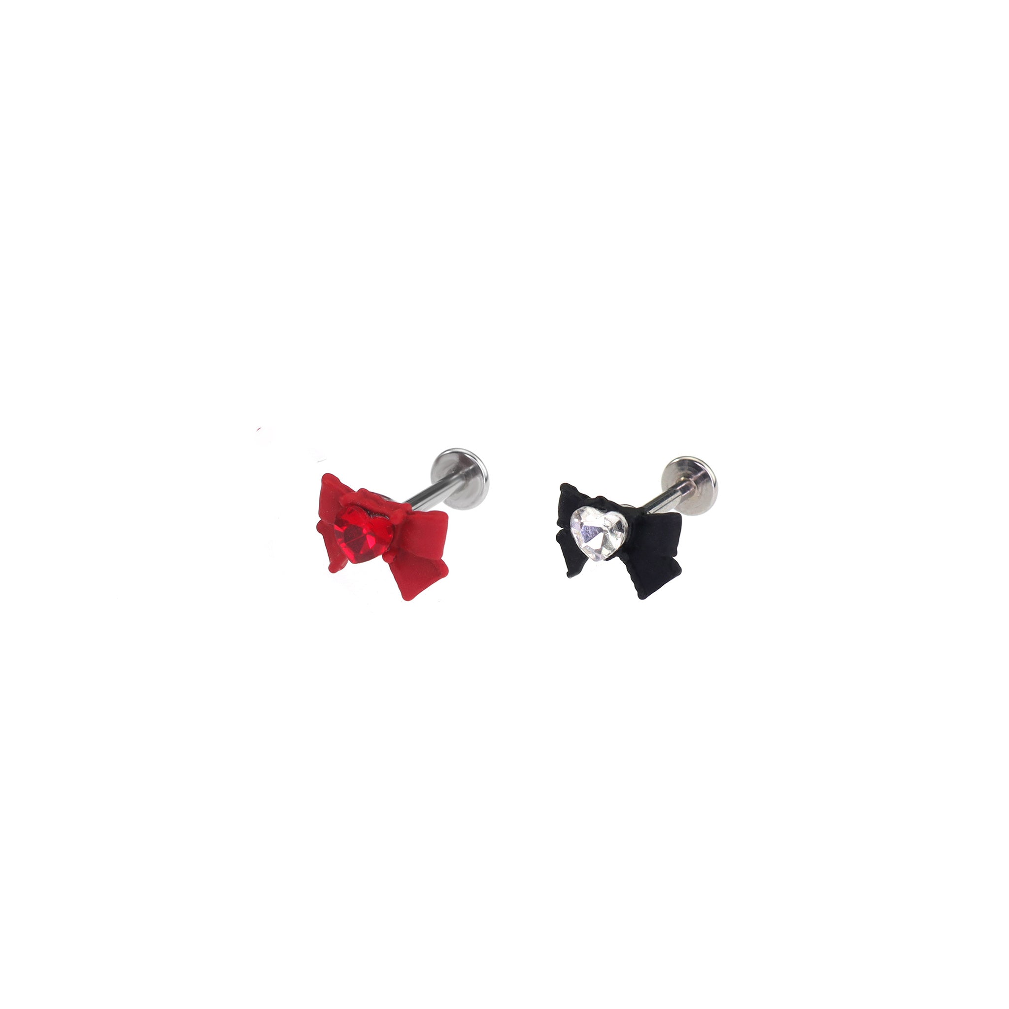 Heart CZ Black & Red Bow Internally Threaded stainless steel Studs
