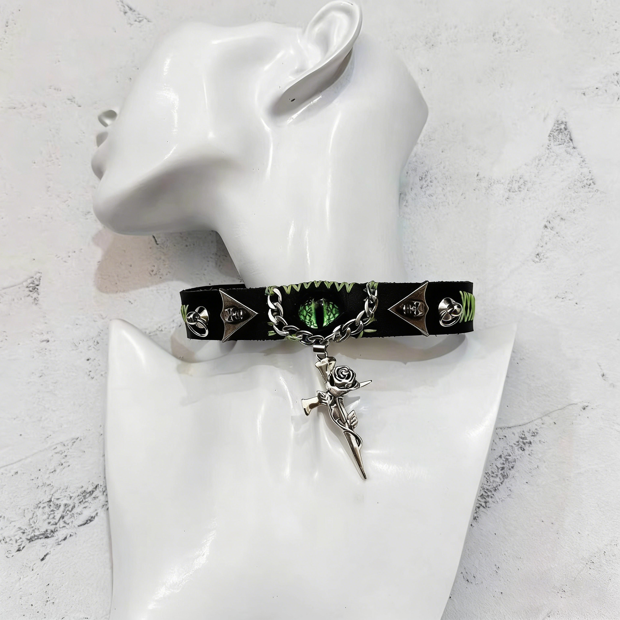2-in-1 Gothic Black Leather Choker & Wrap Bracelet - Green Dragon Eye Necklace - Gun & Rose Charm - Toxic Punk Style