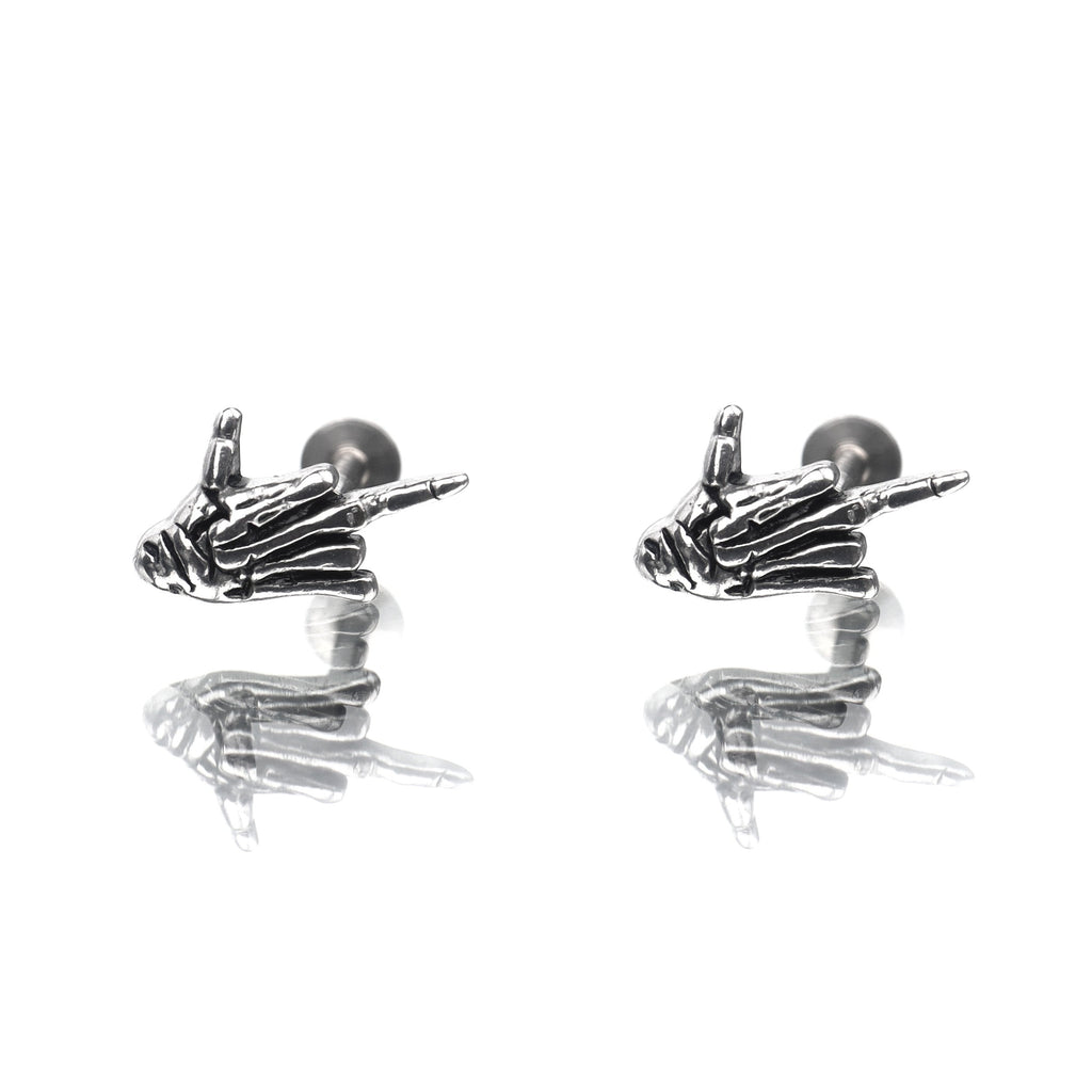 Skull Middle Finger Internally Threaded Stainless Steel Ear Studs