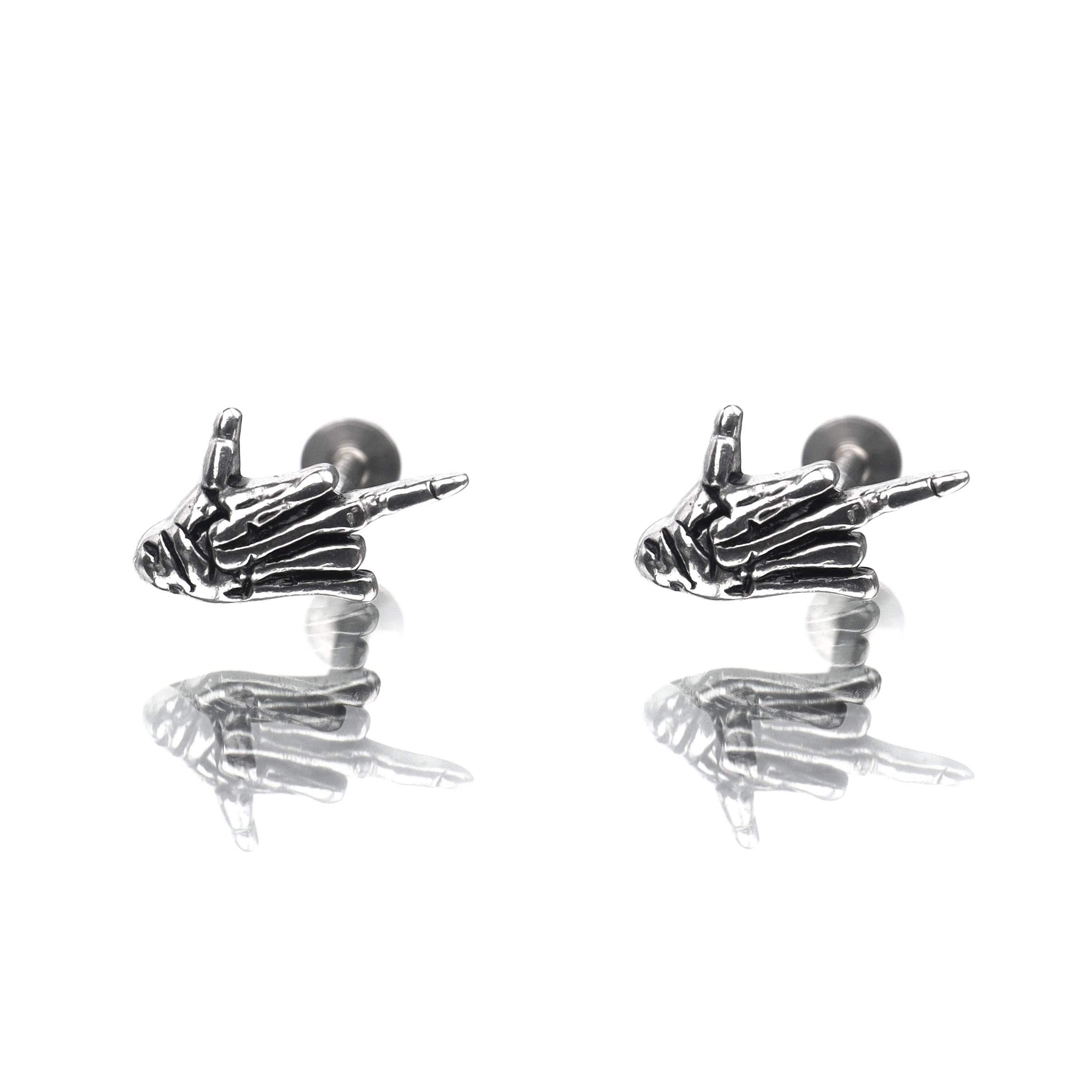 Skull Middle Finger Internally Threaded Stainless Steel Ear Studs