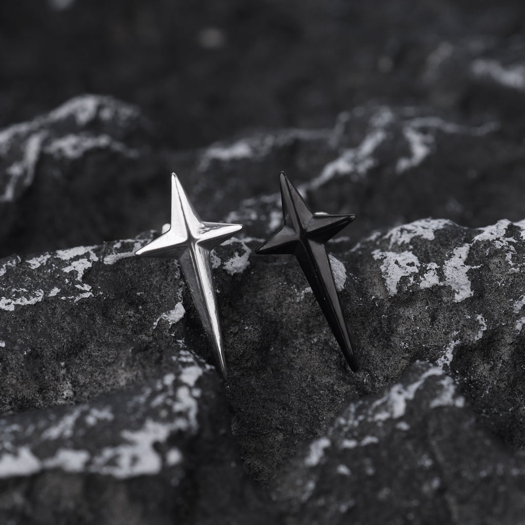 Large Black & White 3D Four-Point Star Externally Threaded Stainless Steel Ear Studs