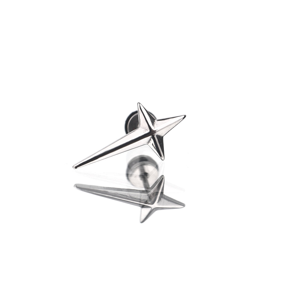 Large Black & White 3D Four-Point Star Externally Threaded Stainless Steel Ear Studs