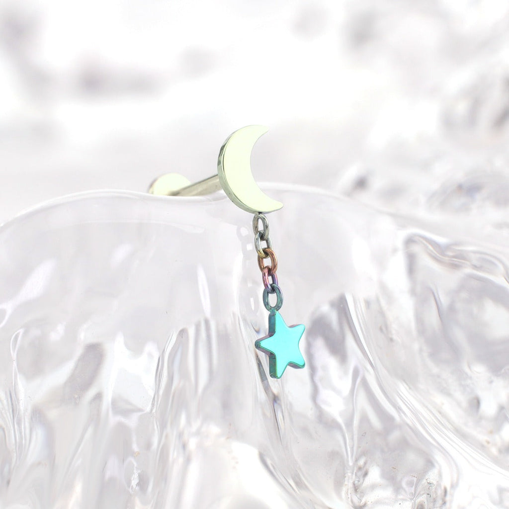 Moon & Star Dangle Titanium Ear Studs