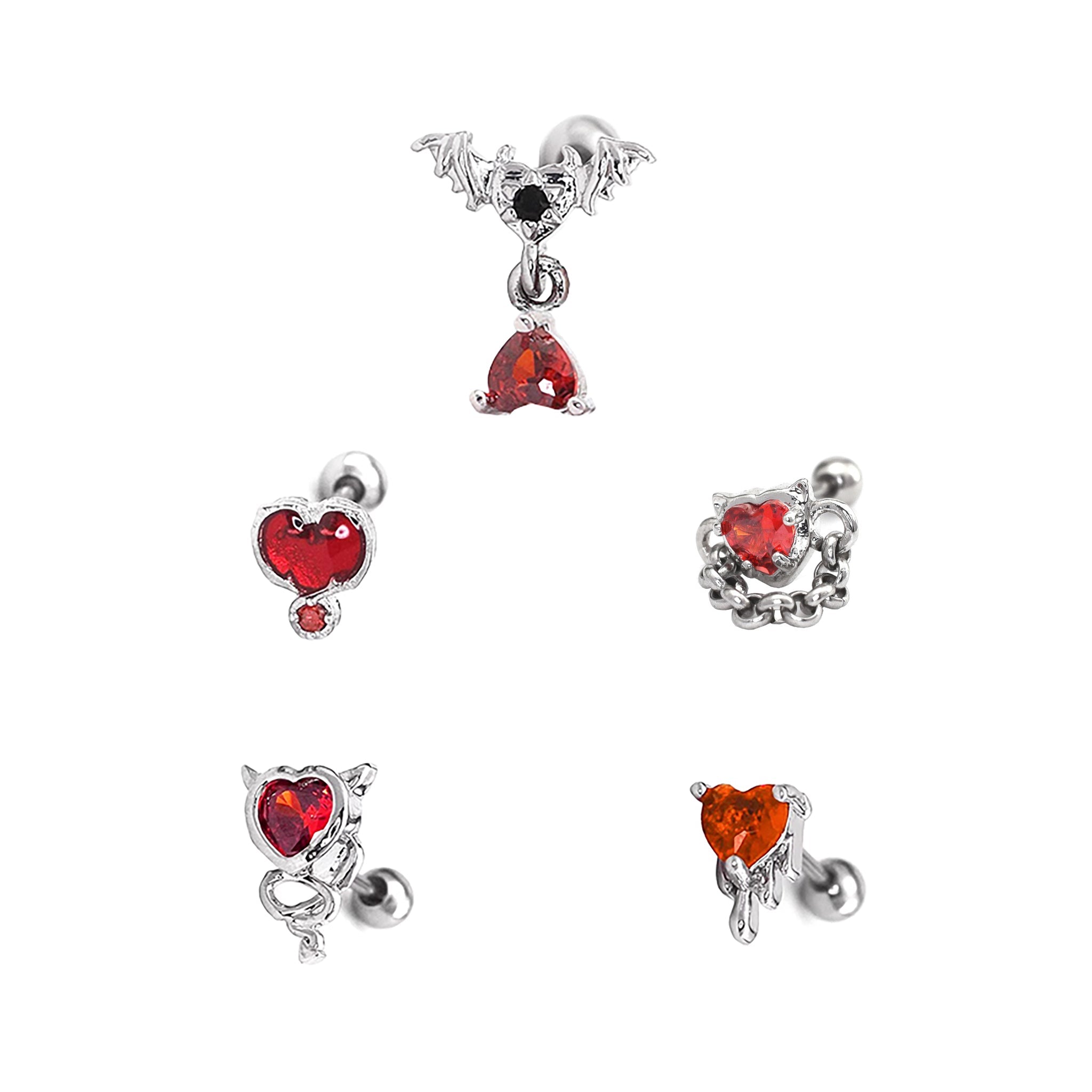 5PCS Red CZ Demon Stainless Steel Ear Studs SET