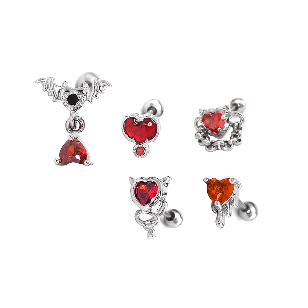 5PCS Red CZ Demon Stainless Steel Ear Studs SET