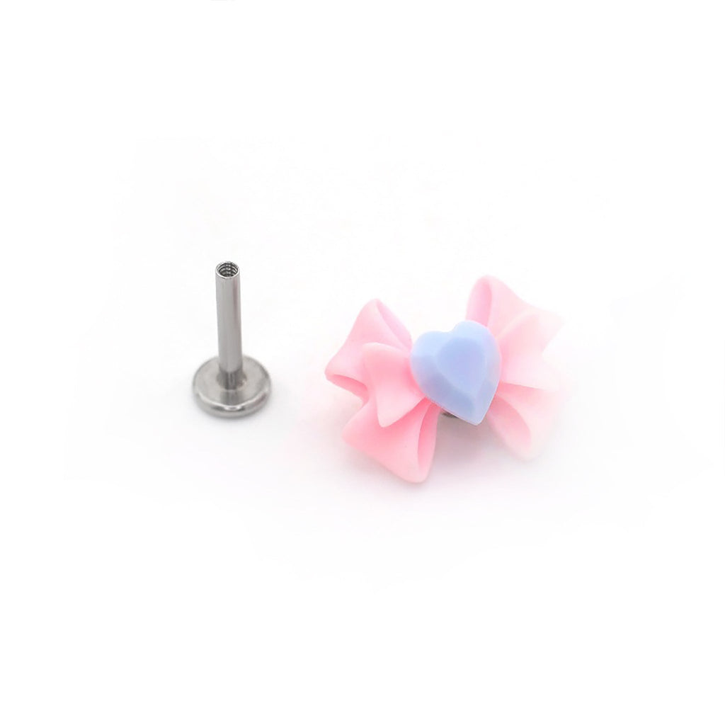 Resin Pink & Blue Contrast Heart Bow Stainless Steel Ear Studs