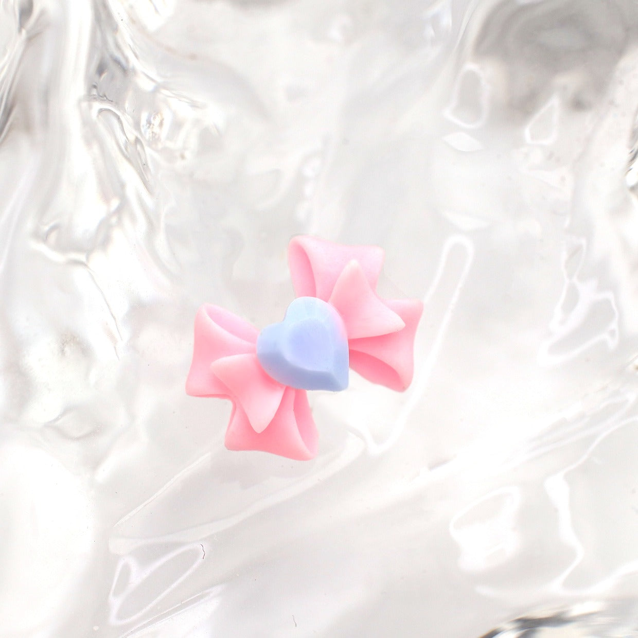 Resin Pink & Blue Contrast Heart Bow Stainless Steel Ear Studs