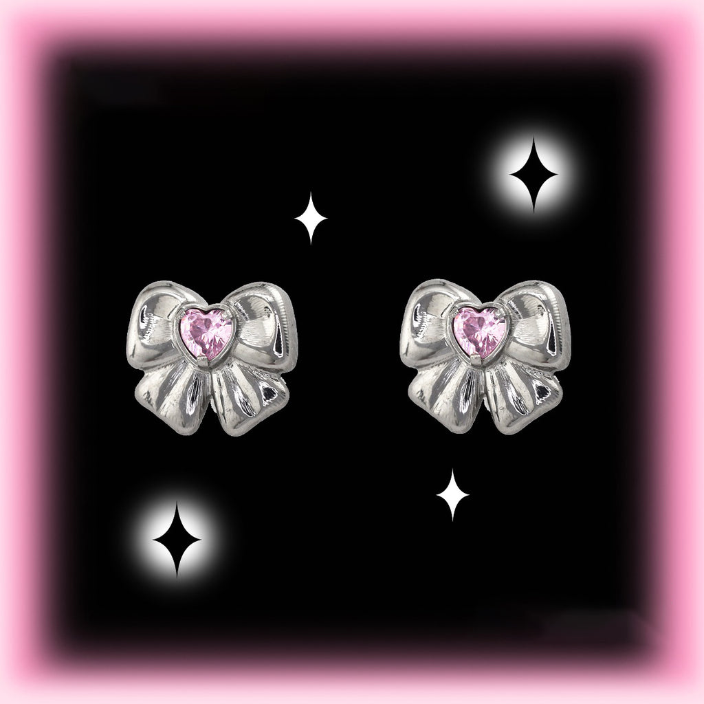 Cute Heart CZ Bow Titanium Ear Studs