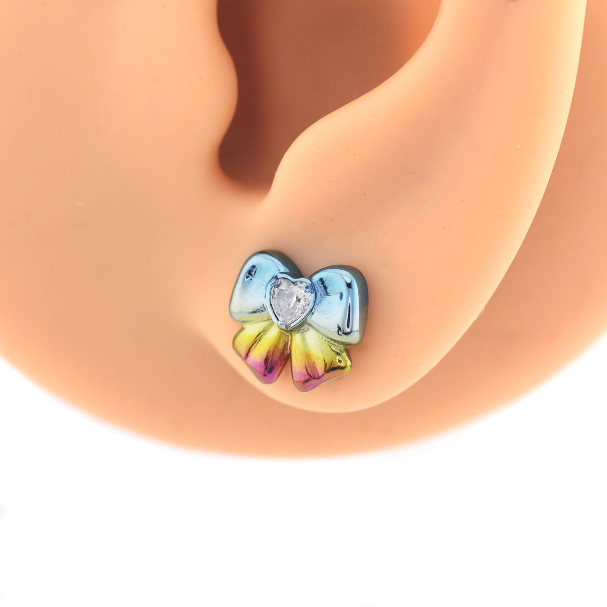 Cute Heart CZ Bow Titanium Ear Studs