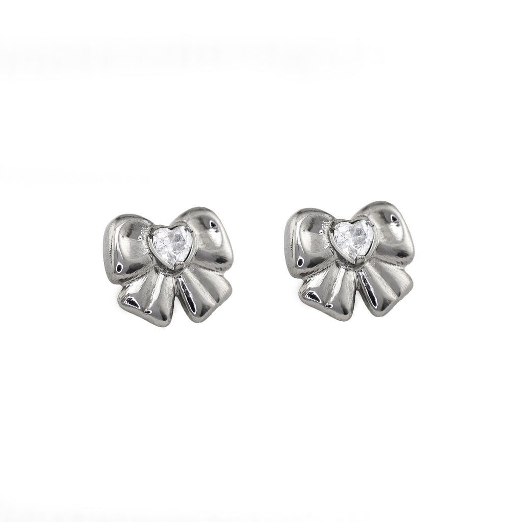Cute Heart CZ Bow Titanium Ear Studs