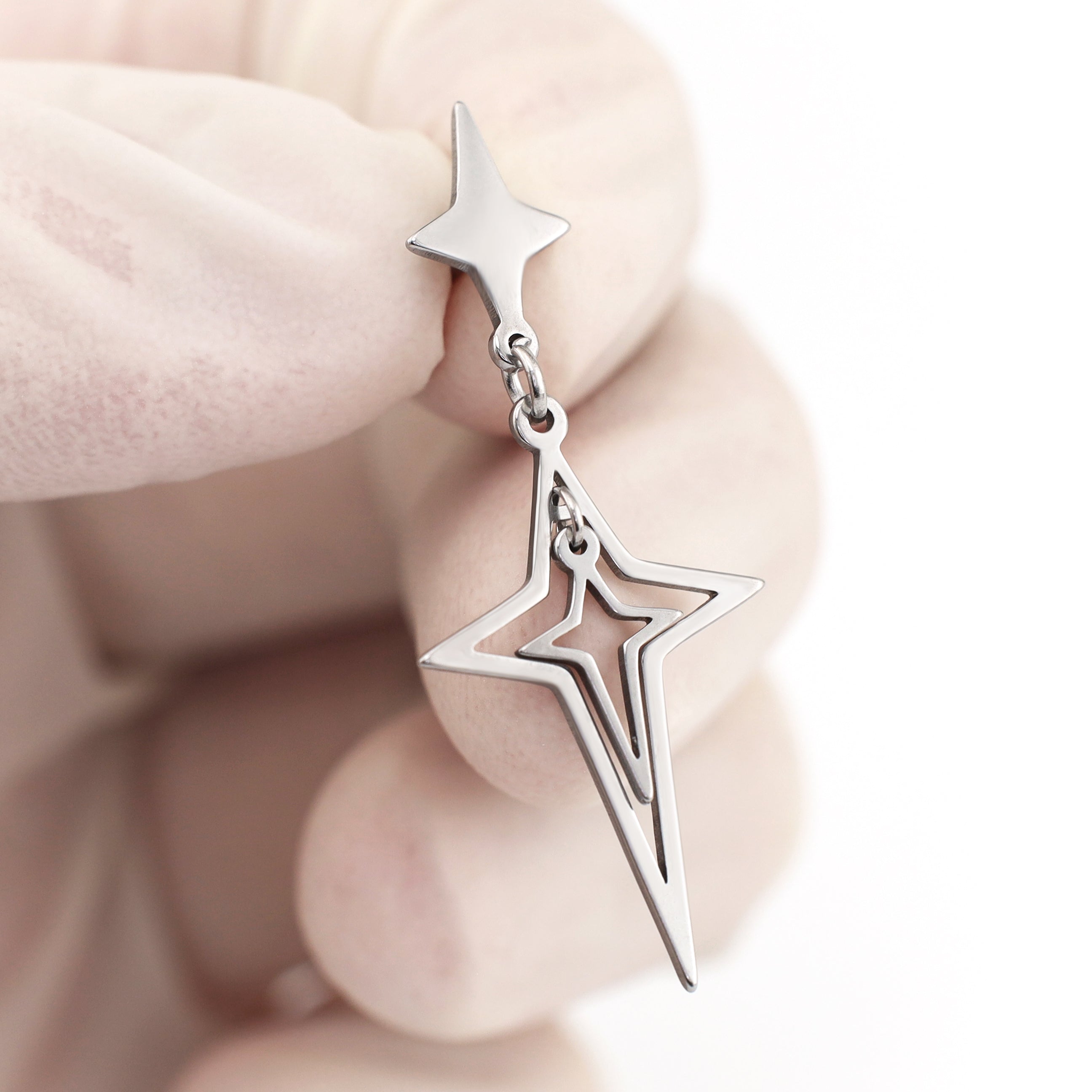 Double Layer Openwork Four-Point Star Dangle Stainless Steel Ear Studs