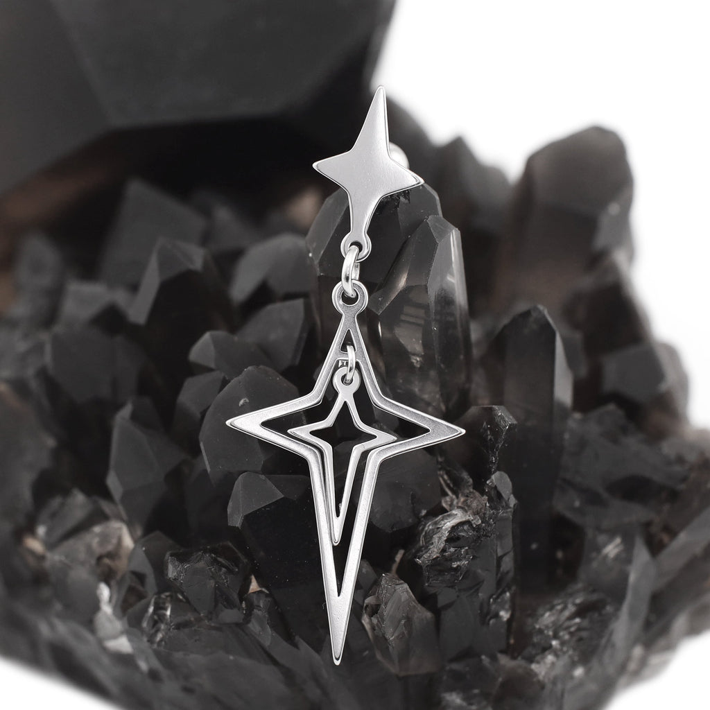 Double Layer Openwork Four-Point Star Dangle Stainless Steel Ear Studs