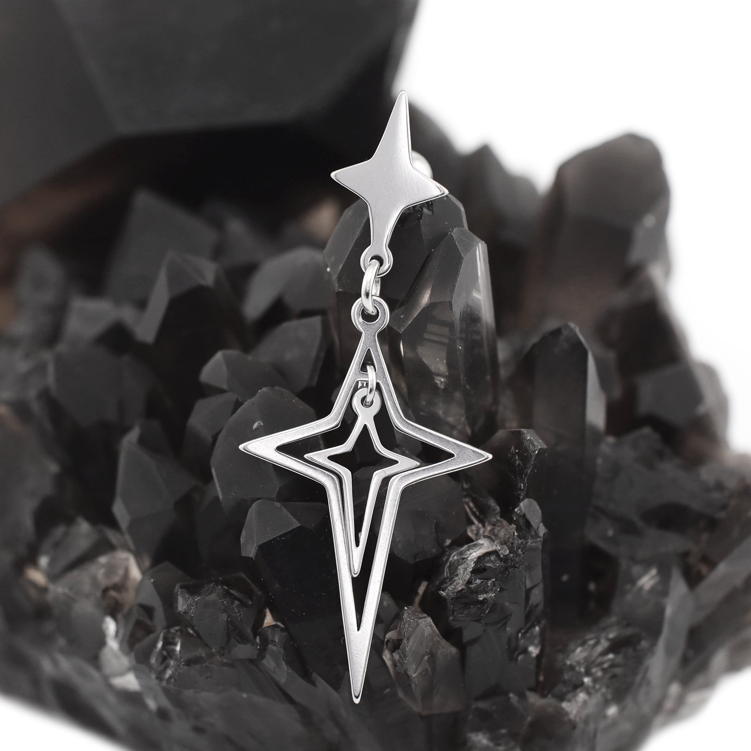 Double Layer Openwork Four-Point Star Dangle Stainless Steel Ear Studs