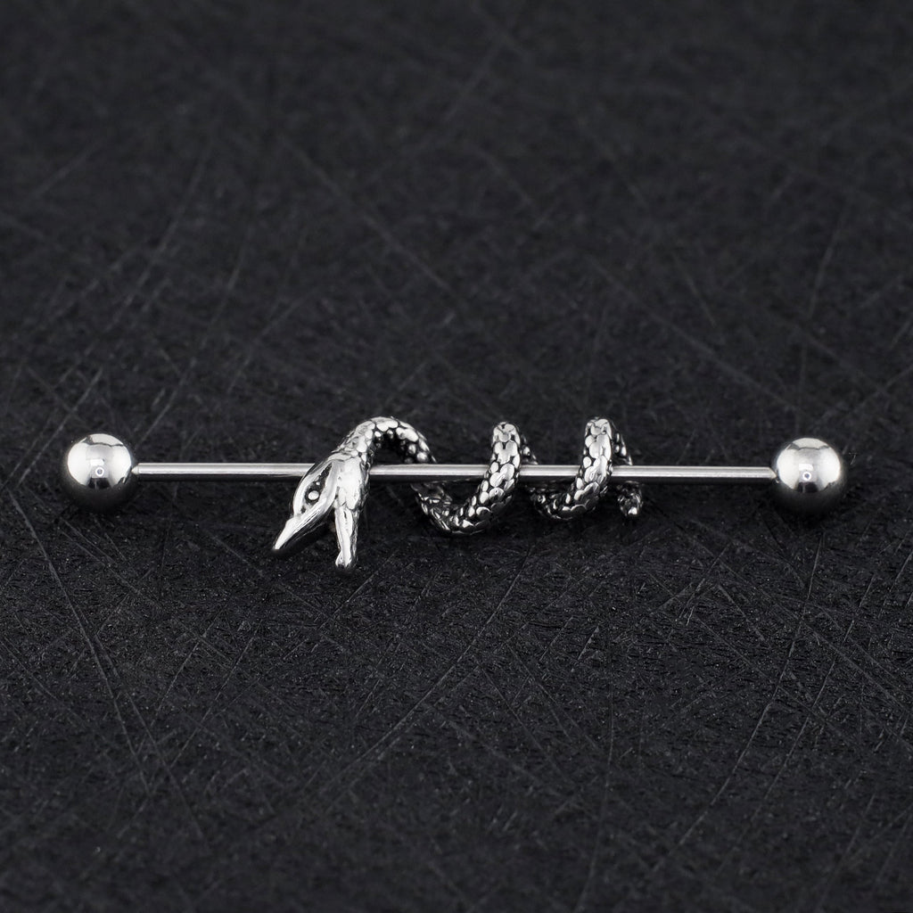 Engraved Coiled Serpent Stainless Steel Industrial Barbell
