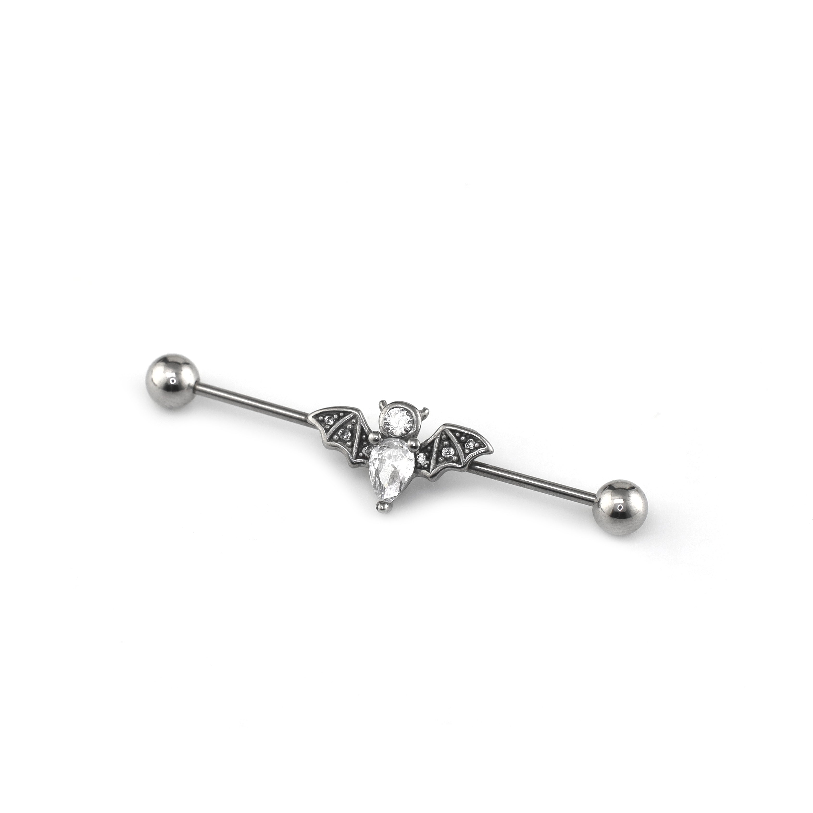 Engraved Crystal Bat Stainless Steel Industrial Barbell