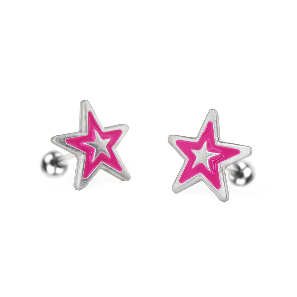 Silver & Barbie Pink Star Externally Threaded Stainless Steel Ear Studs