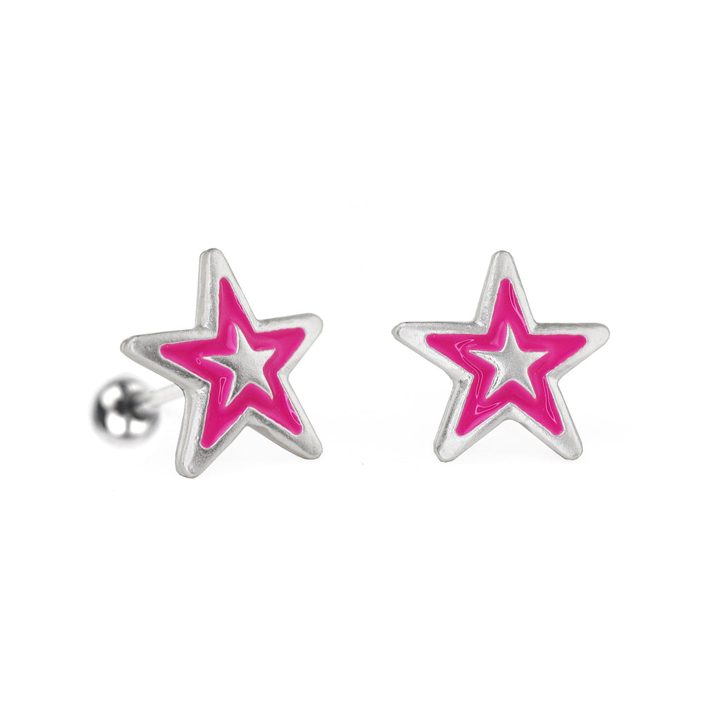 Silver & Barbie Pink Star Externally Threaded Stainless Steel Ear Studs