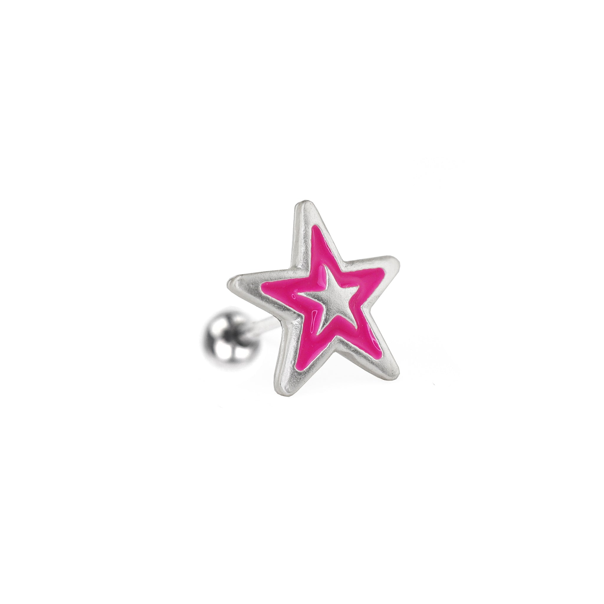 Silver & Barbie Pink Star Externally Threaded Stainless Steel Ear Studs