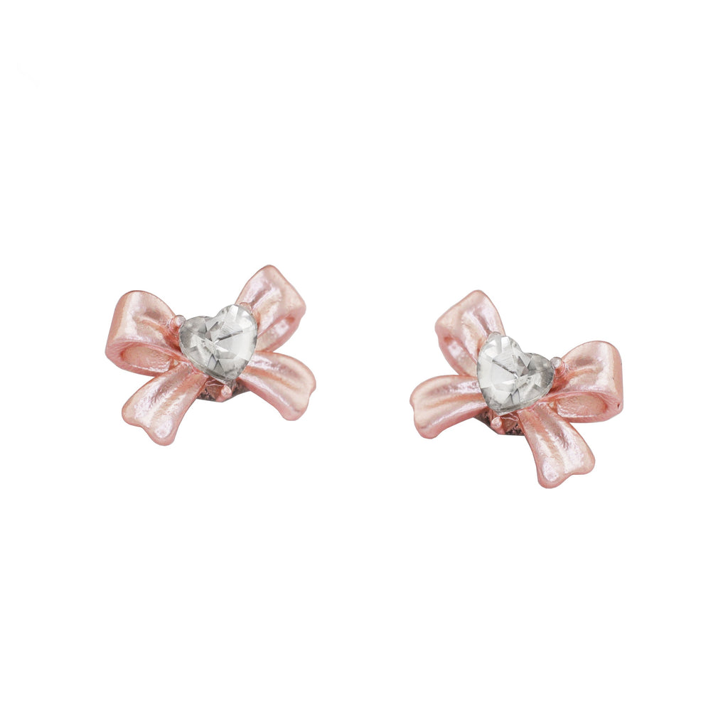 Heart CZ Pink Bow Internally Threaded Stainless Steel Studs