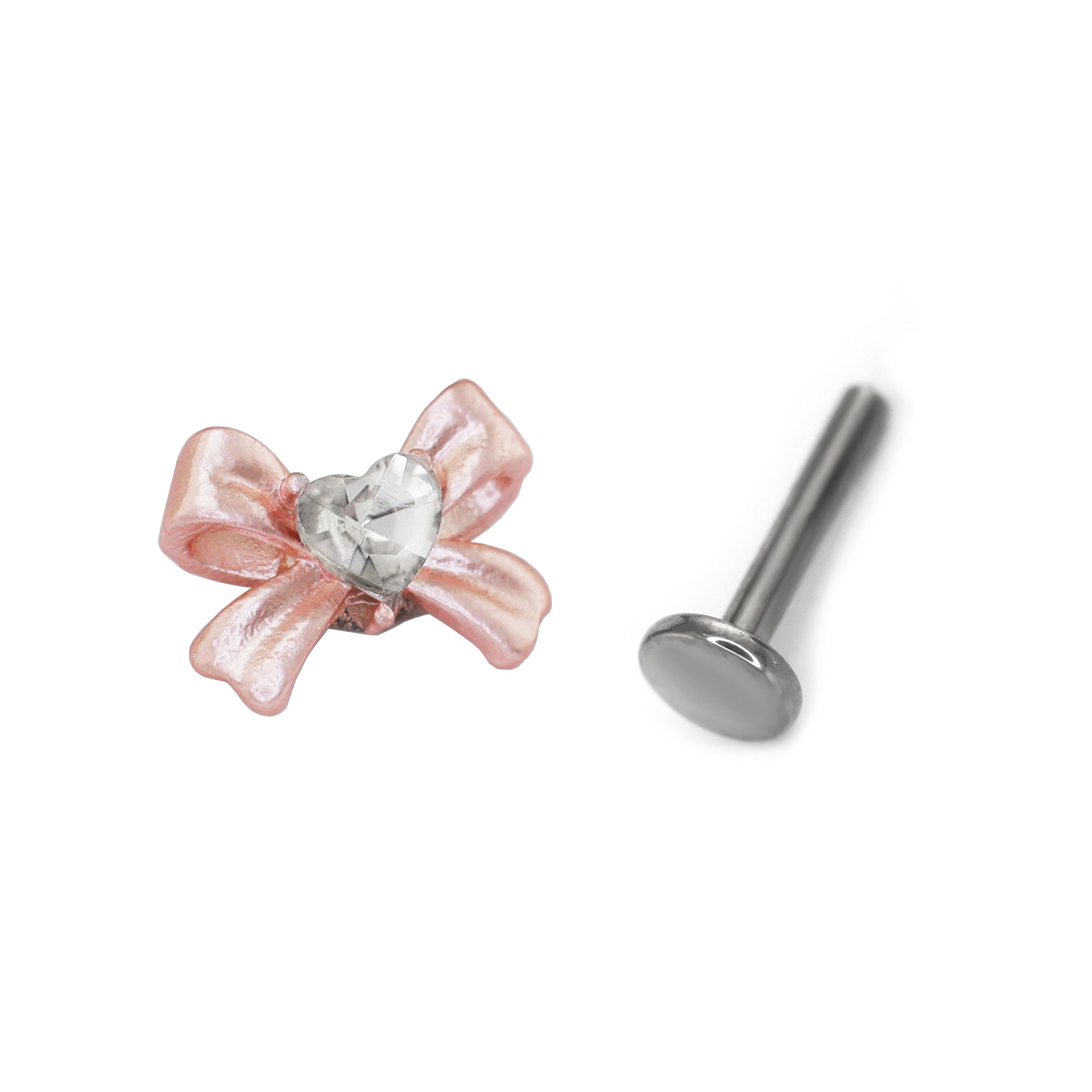 Heart CZ Pink Bow Internally Threaded Stainless Steel Studs