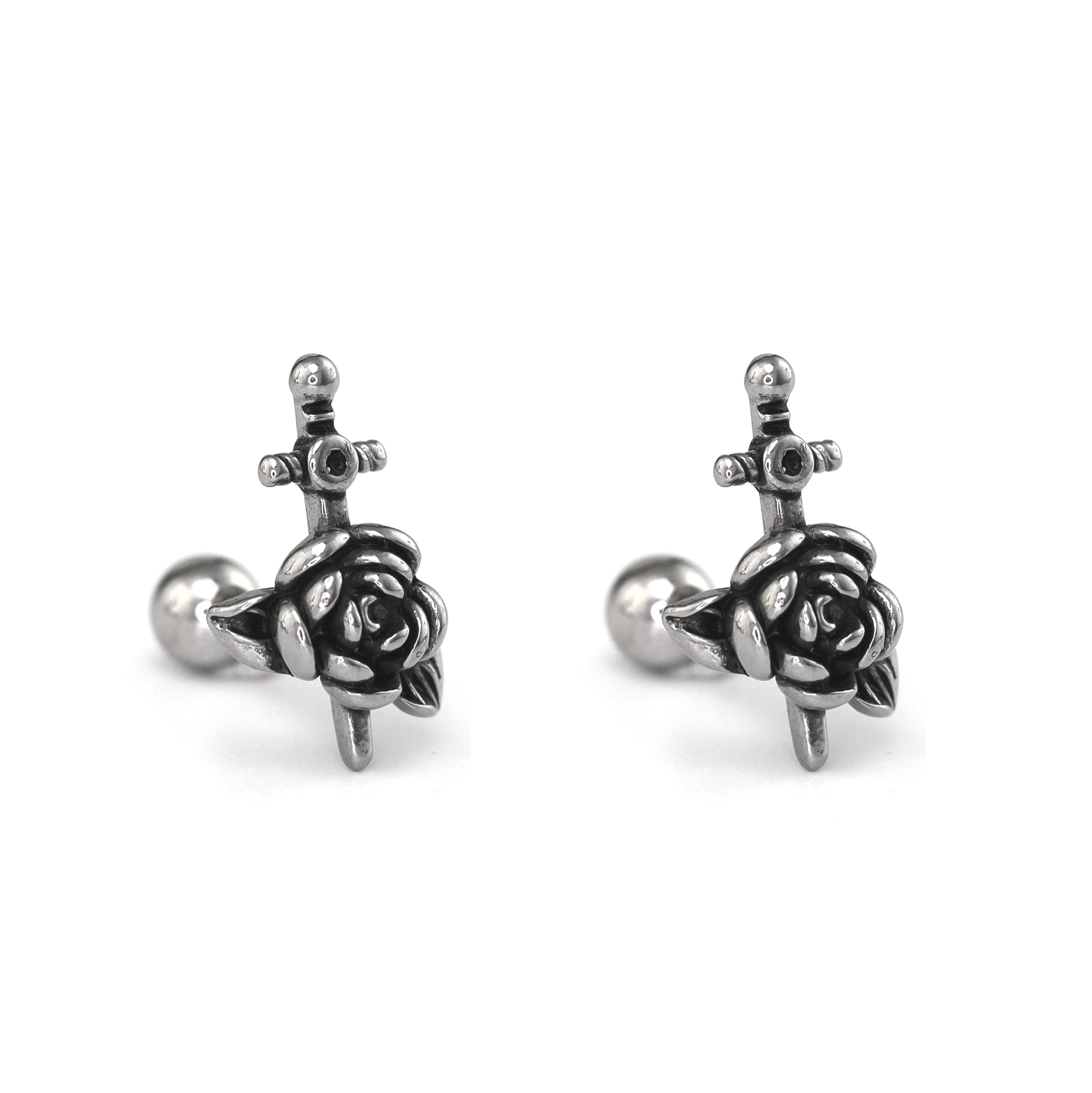 3D Dagger & Rose Stainless Steel Ear Studs