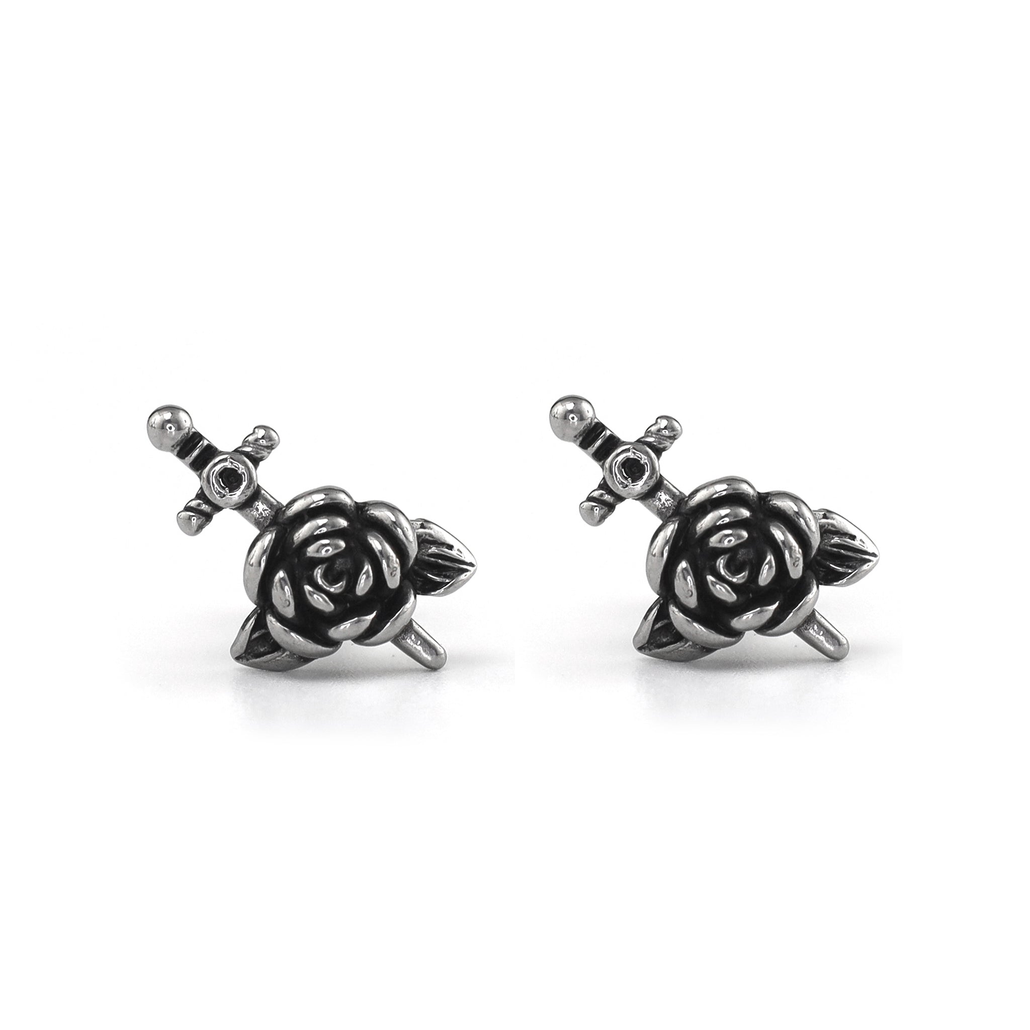 3D Dagger & Rose Stainless Steel Ear Studs